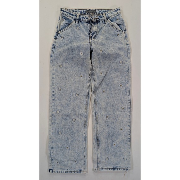 Cali 1850 Denim - Cali 1850 Womens Acid Wash Daisy Embroidered Straight Leg Jeans Blue Size 5/27